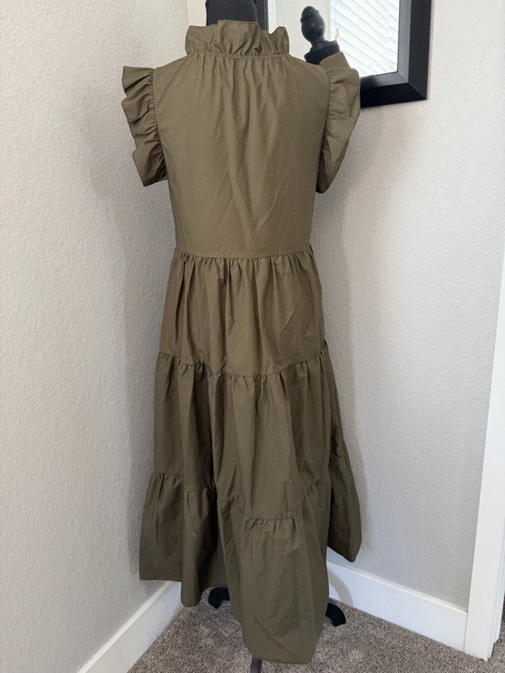 CHEPE Ansaldo Italy Cotton Tiered Ruffle Maxi Dress Olive Green XS - Picture 4 of 10